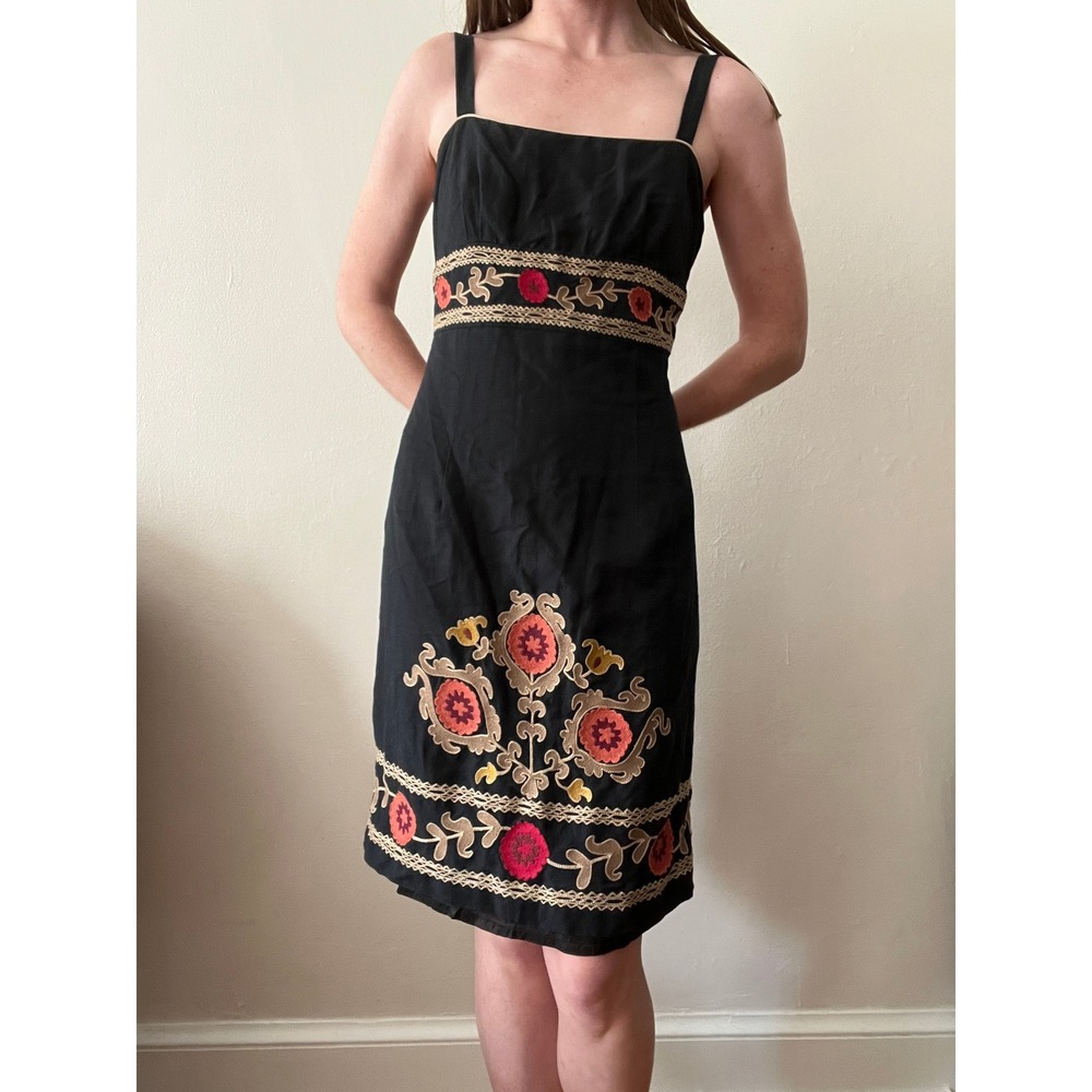 Yves Cossette Depeche Mode Black Linen Embroidered Floral Sheath Dress‎ 8 VTG